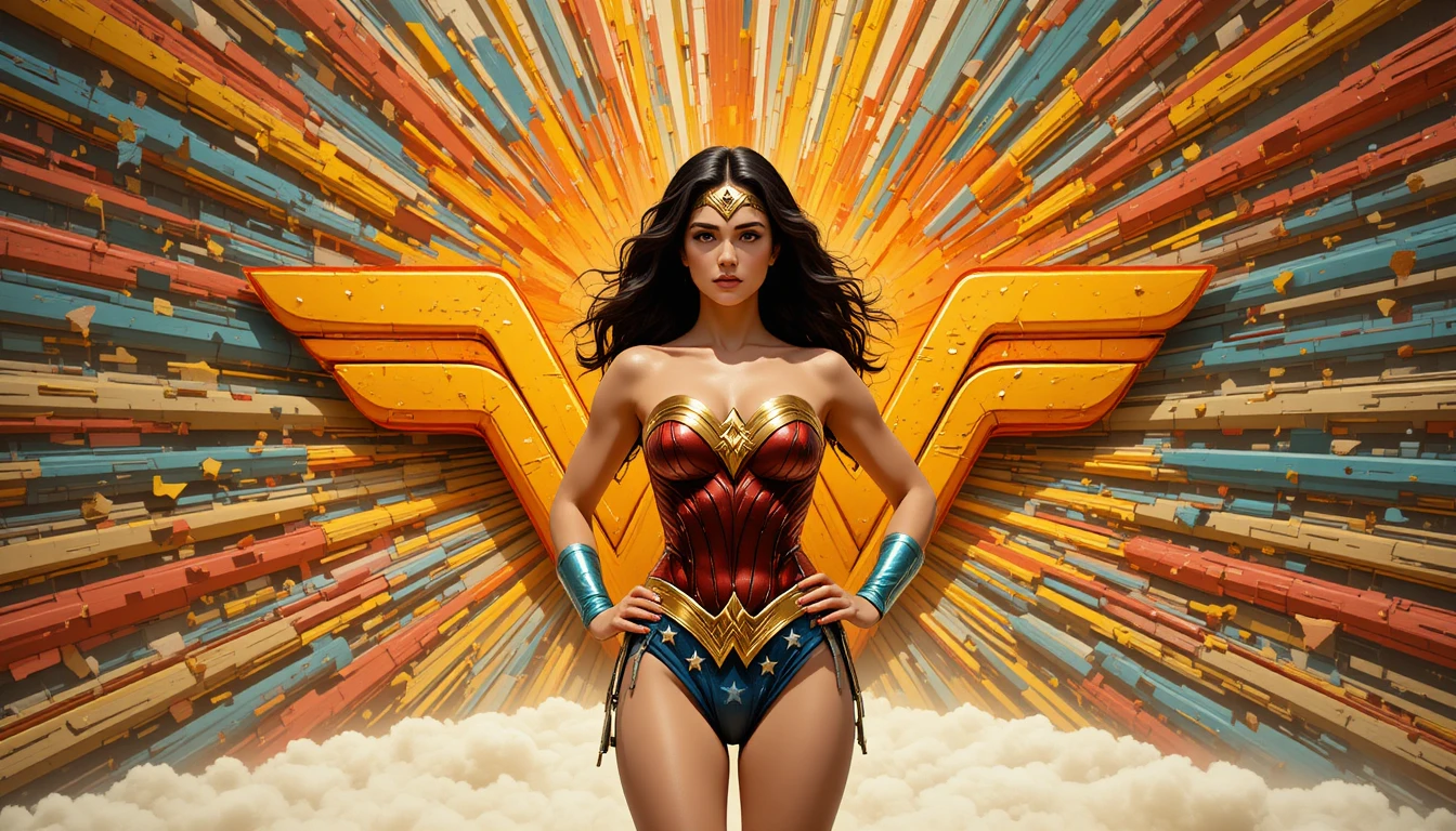 Wonder Woman posa con confianza ante un estallido de estrellas retro y colorido