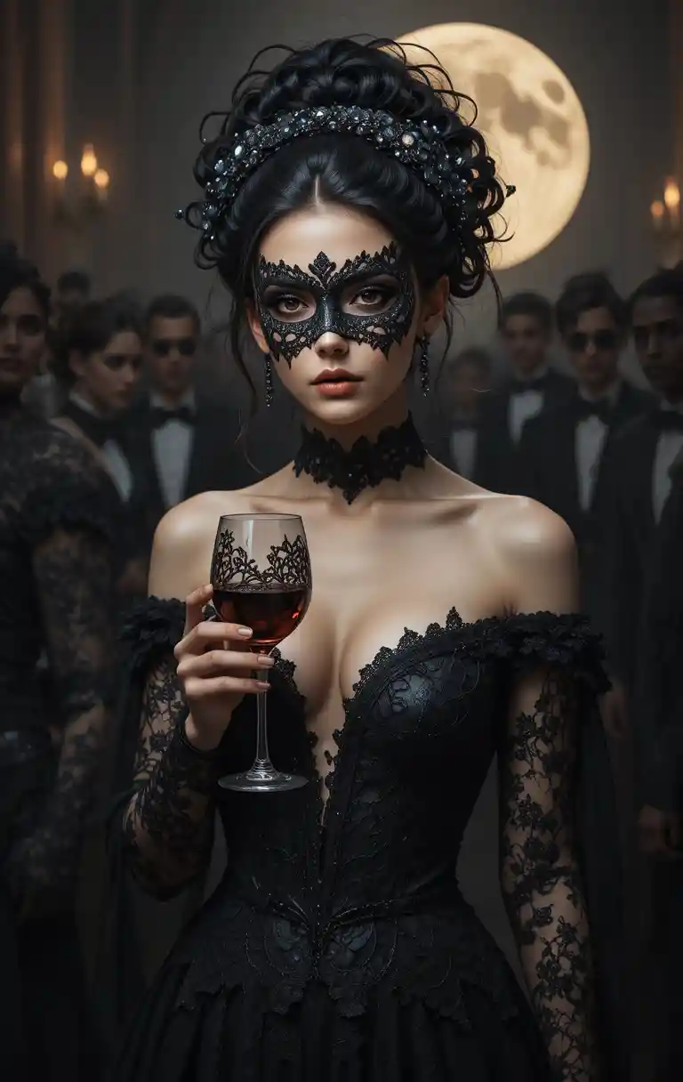 A masked woman holds red wine beneath a pale full moon