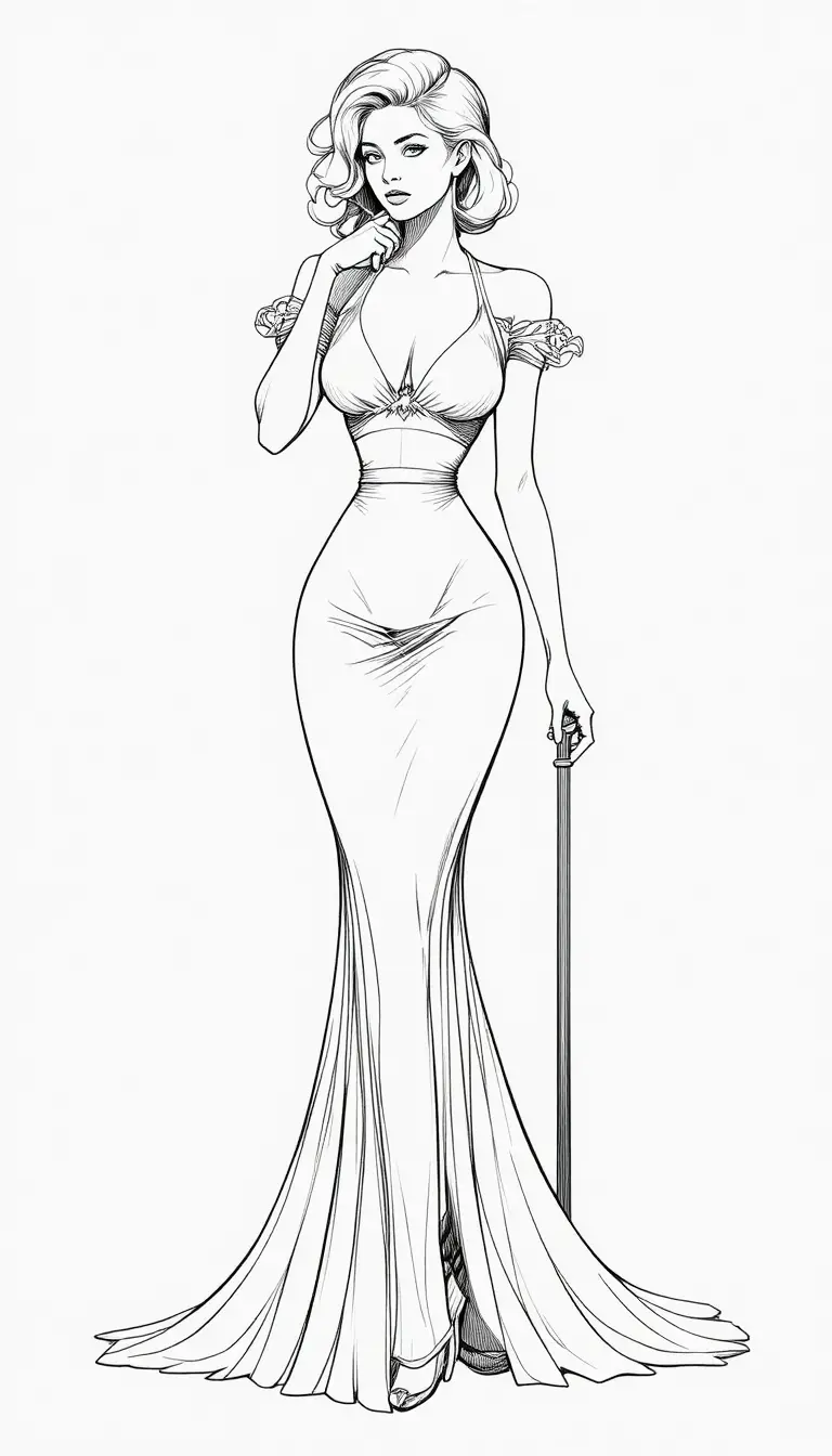 Stylized Woman in a Fur-Trimmed Gown Holding a Tall Staff