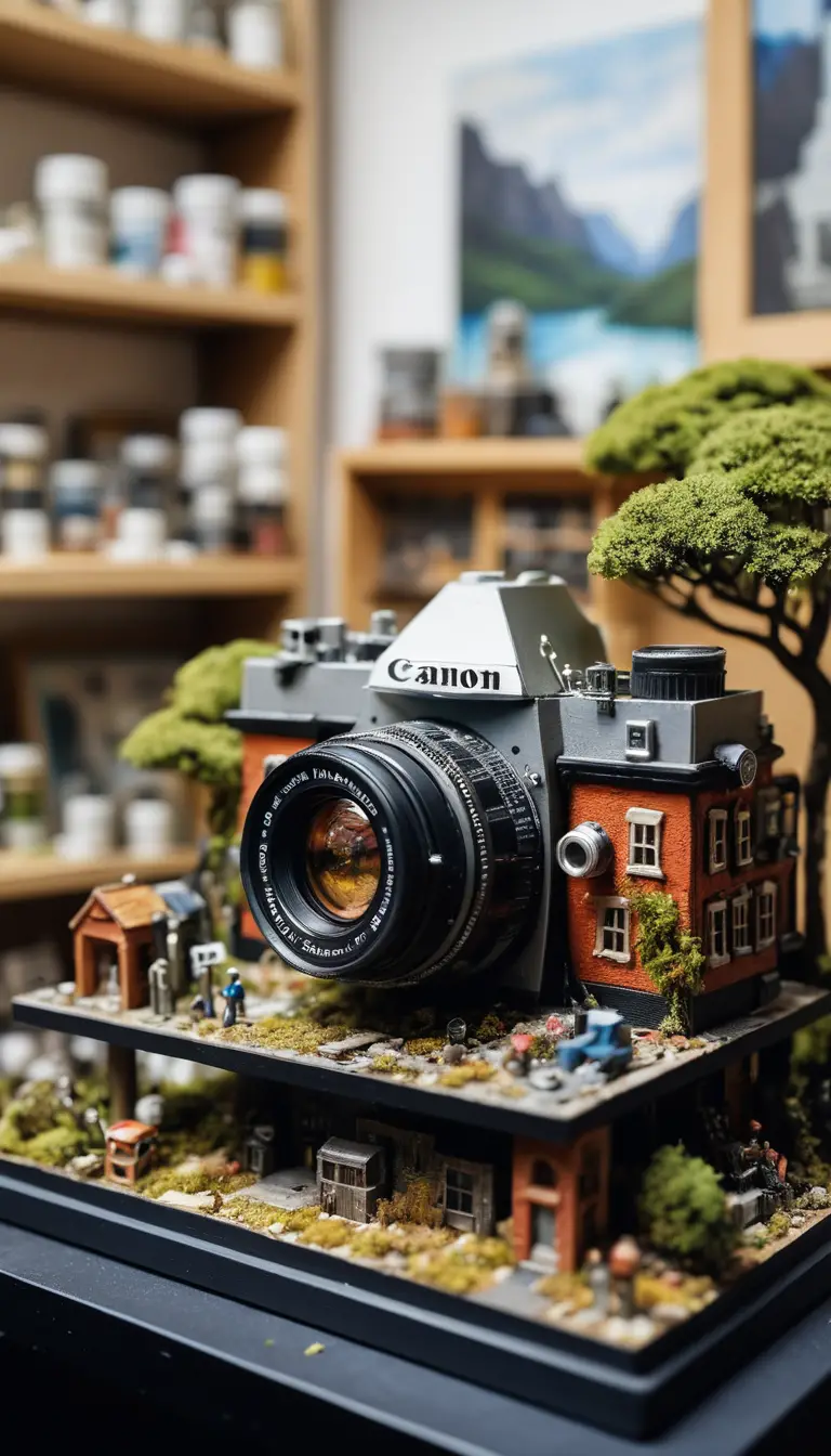 A tiny artist paints photographic film inside a giant camera