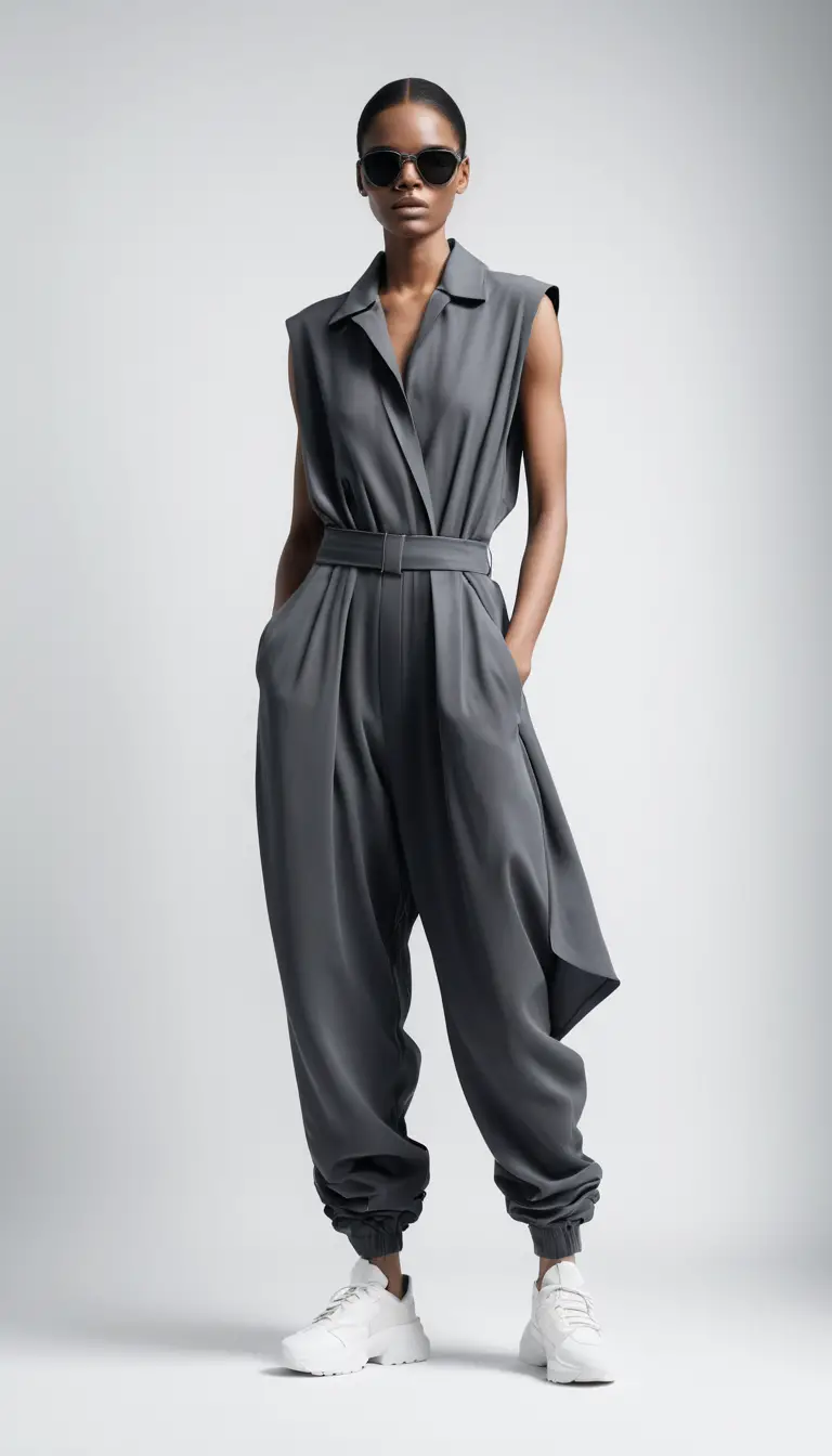 Modelo de moda con ropa urbana escultural en capas sobre un fondo blanco de estudio