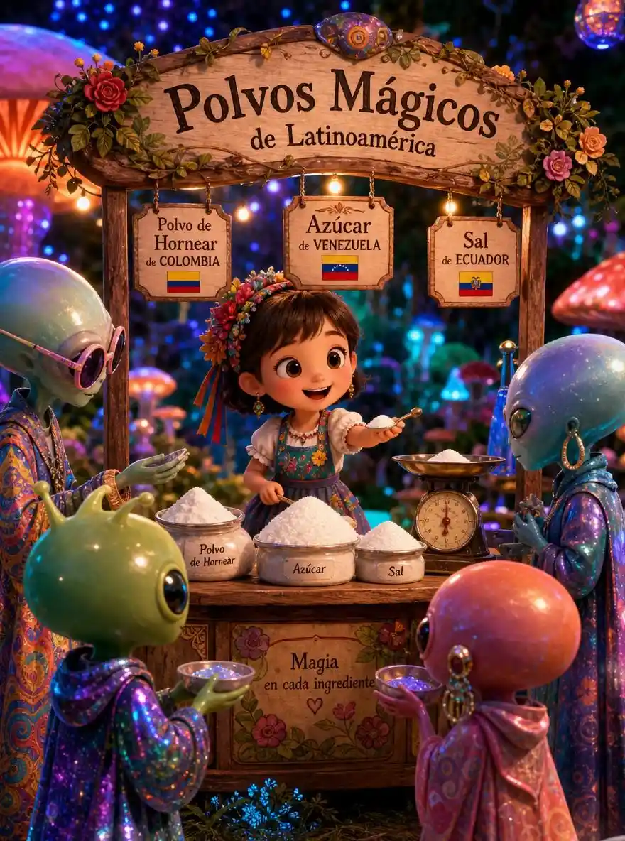 Una chica chibi vende ingredientes de repostería en su puesto del País de las Maravillas