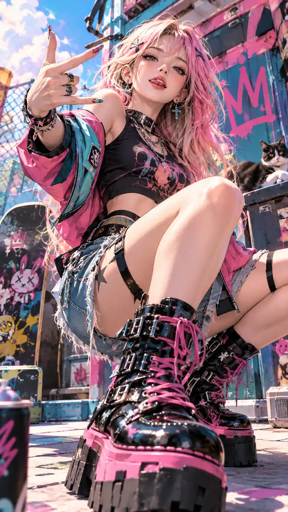 A theatrical anime woman makes a confident gesture in punk style