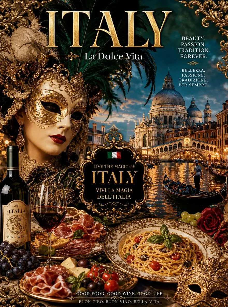ヴェネツィアの仮面舞踏会と料理を讃える、バロック様式のイタリアンポスター