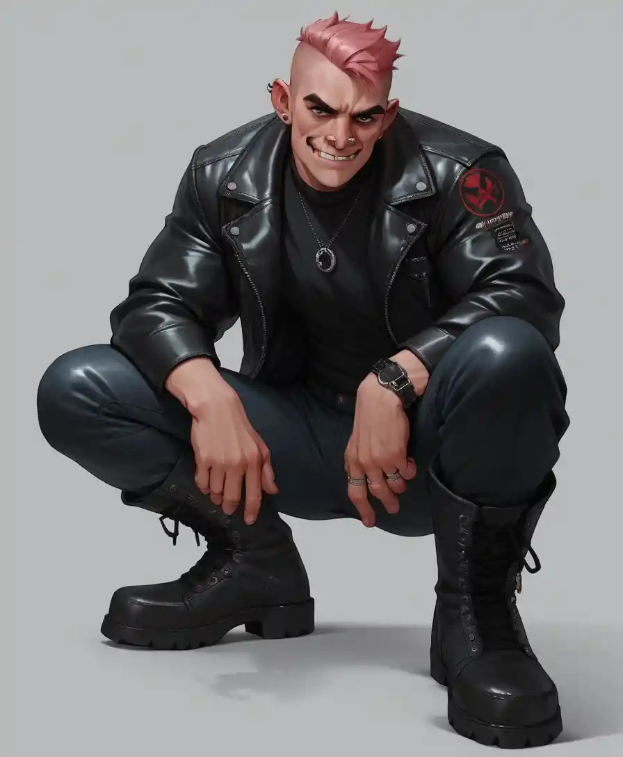 A muscular man sneers in a leather jacket, nose piercing, knuckle dusters, and large boots