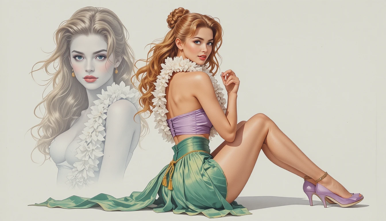 Una pin-up divertida sentada con una vaporosa falda de hierba color esmeralda