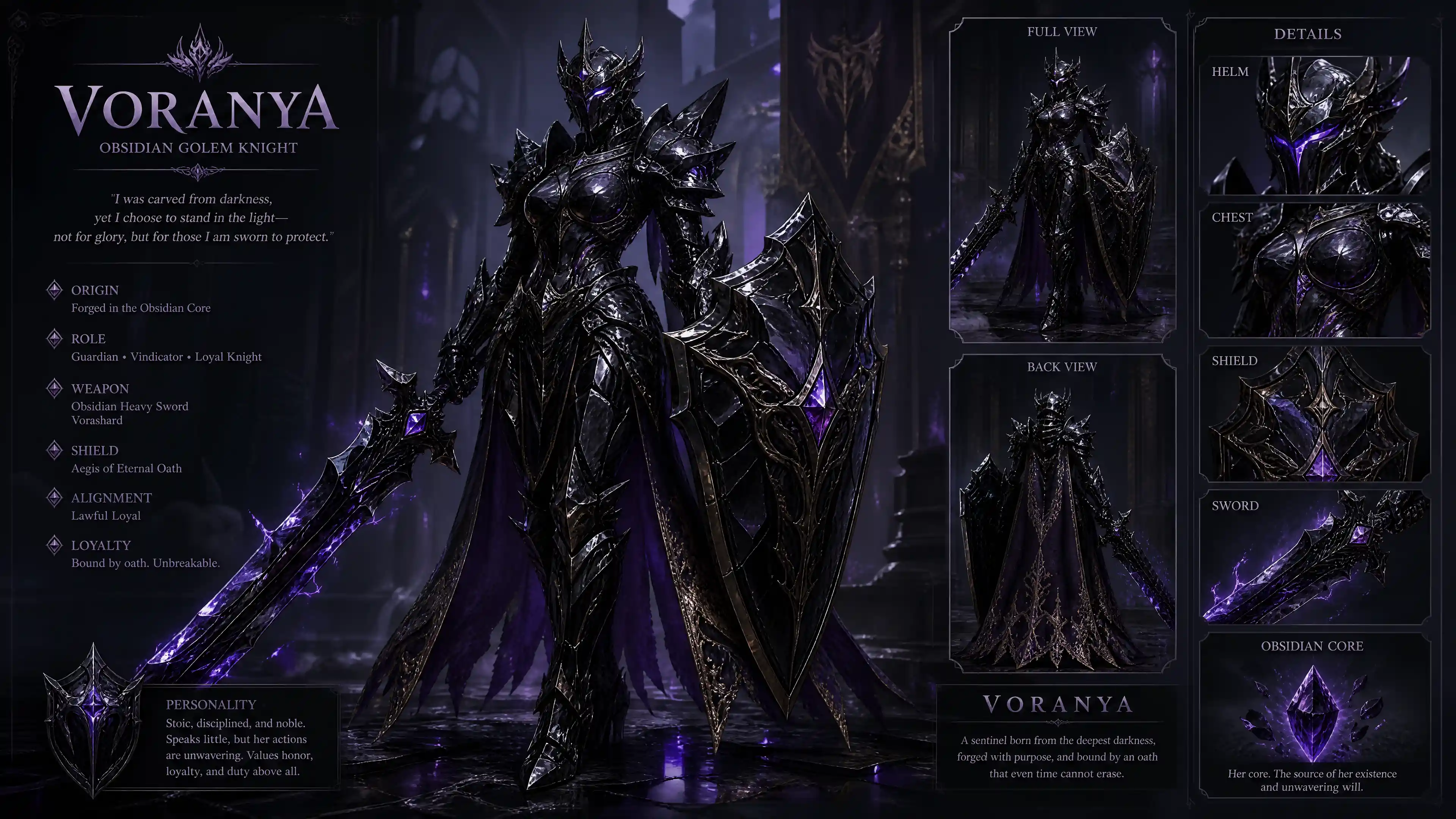 Obsidian golem knight with a heavy sword and shield