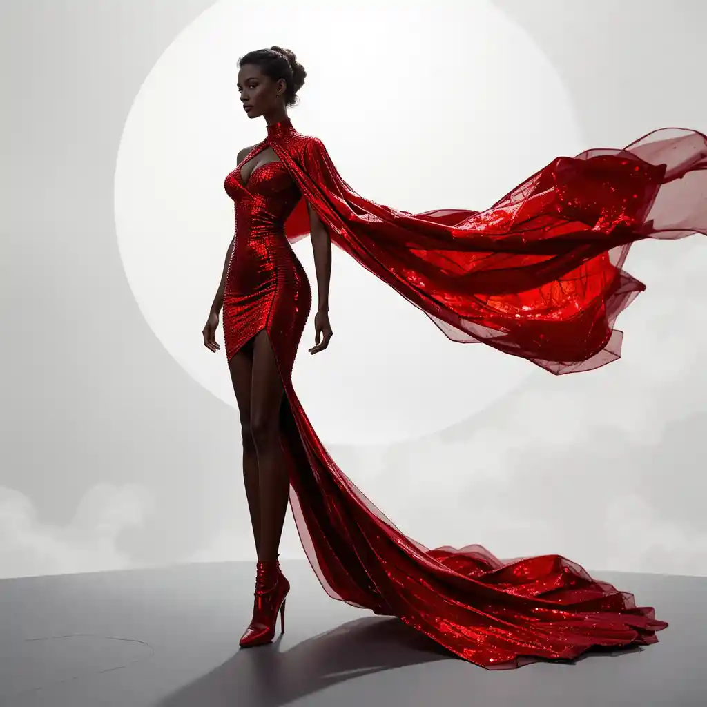 Una mujer segura de sí misma con una capa roja vaporosa y un vestido de lentejuelas