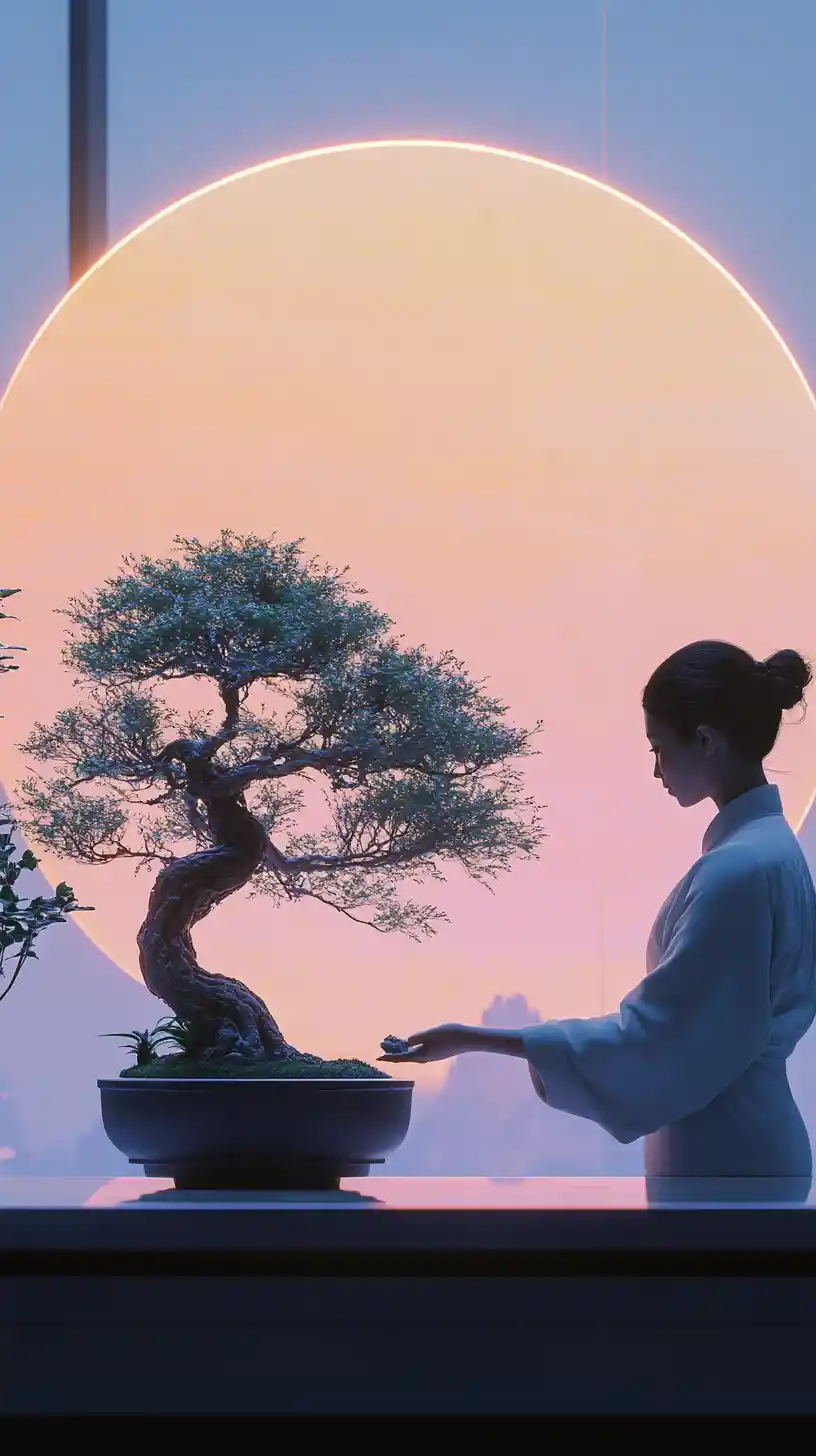 Eine Frau pflegt einen leuchtenden Bonsai in einem futuristischen Garten