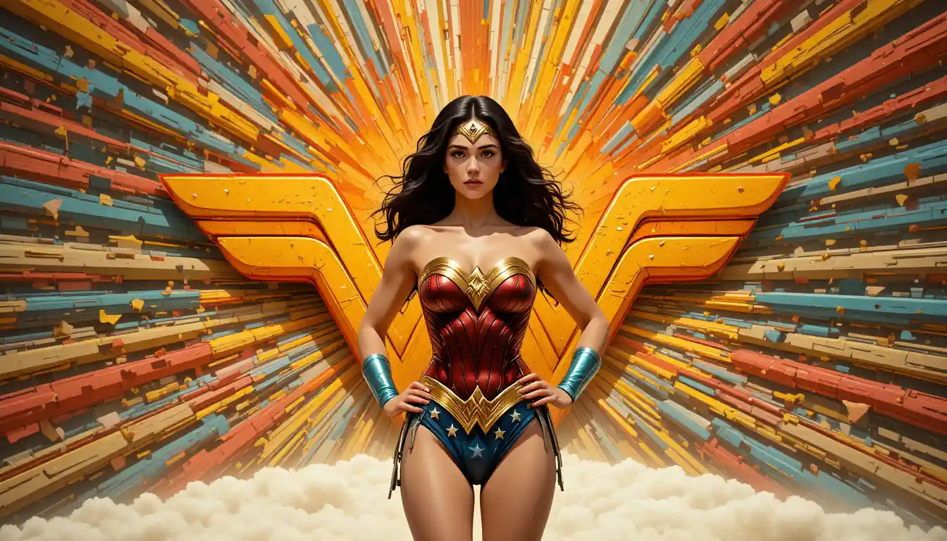 Wonder Woman stands confidently before a colorful retro starburst