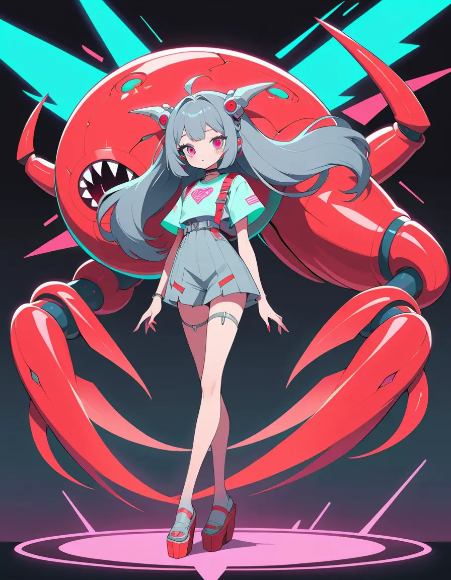 Un monstruo rojo con forma de máquina y piernas largas y delgadas al estilo kawaii
