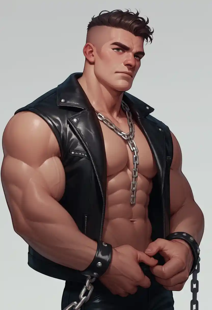 A muscular man wears a leather jacket with a nose chain and knuckle dusters