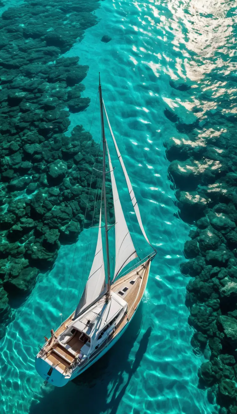 Un velero blanco se desliza sobre aguas turquesas iluminadas por el sol