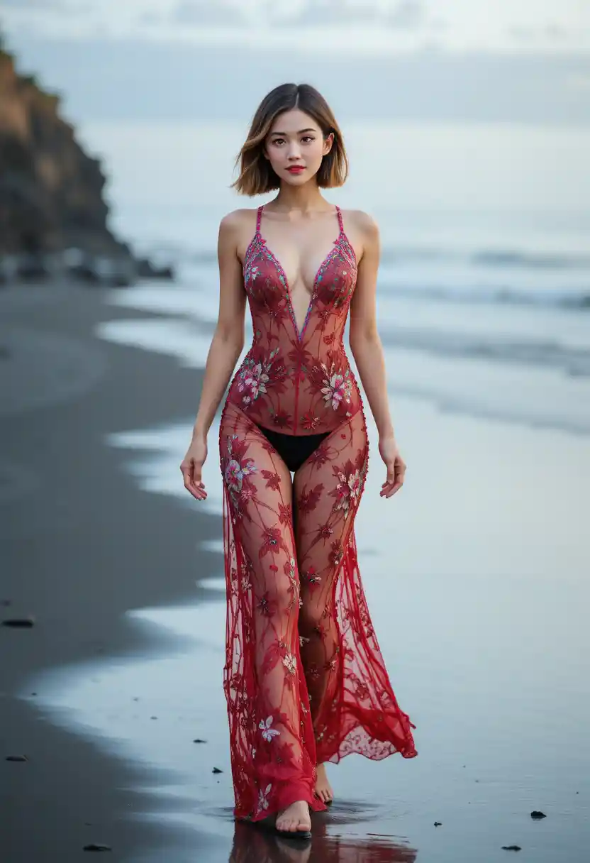 Una mujer indochina camina por una playa de arena negra