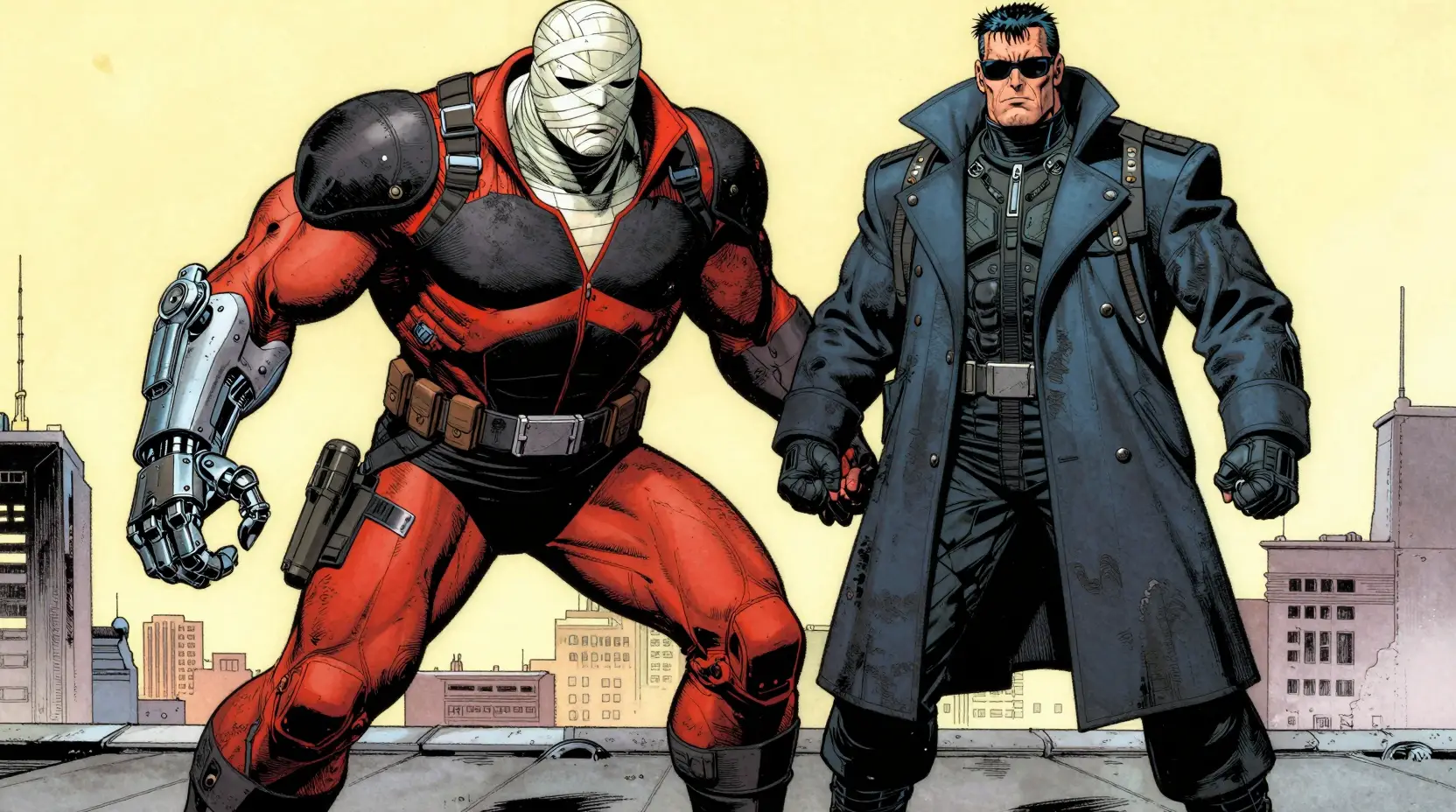 Two men clash on a rooftop in a futuristic city