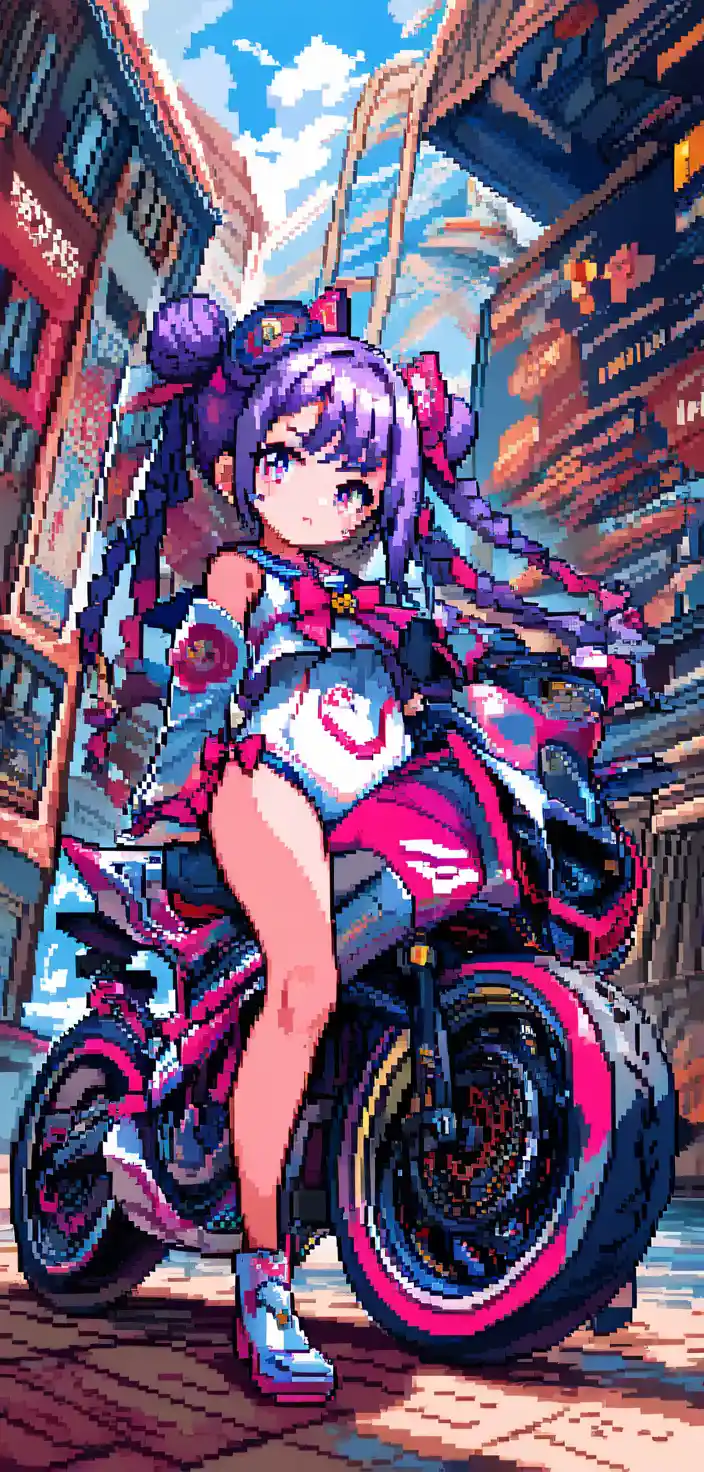 Una chica en pixel art conduce una enorme moto futurista