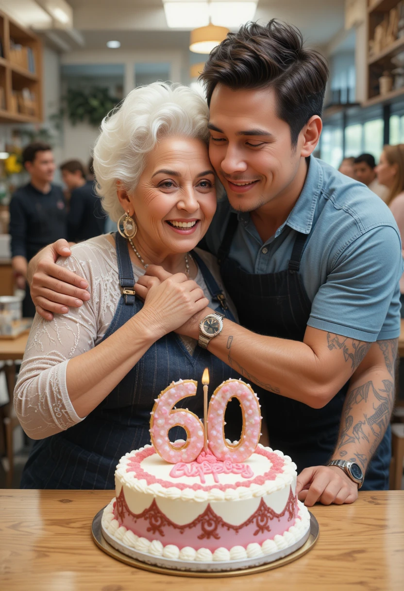 Un fils enlace sa mère lors de la fête de ses 60 ans