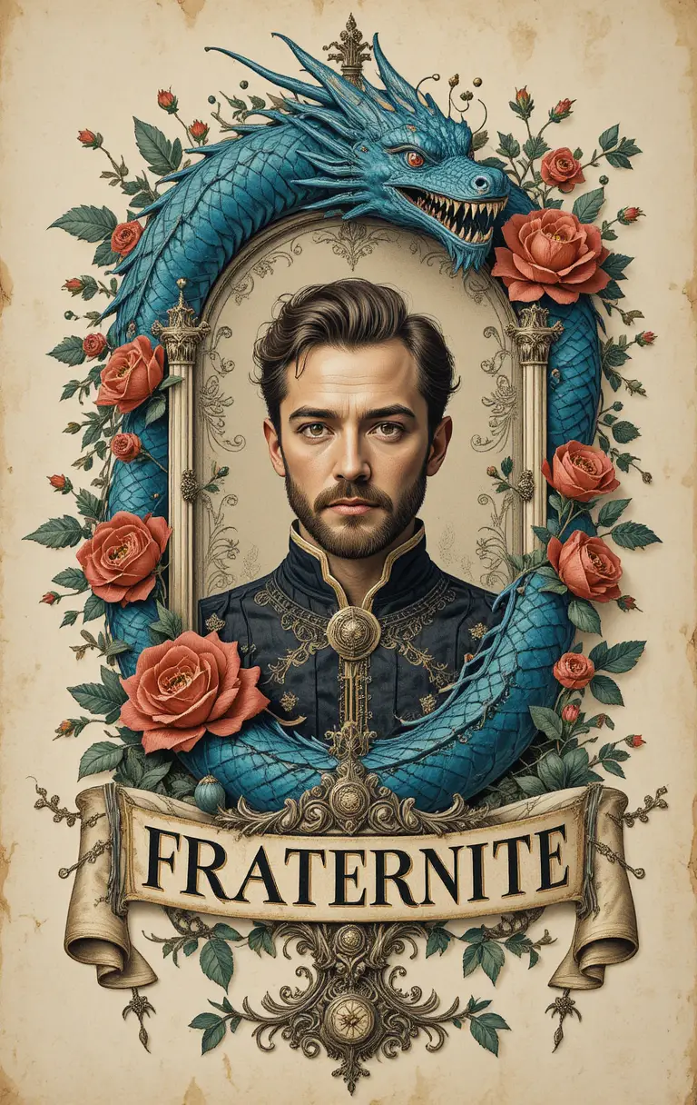 A turquoise dragon encircles a calm portrait in a heraldic emblem