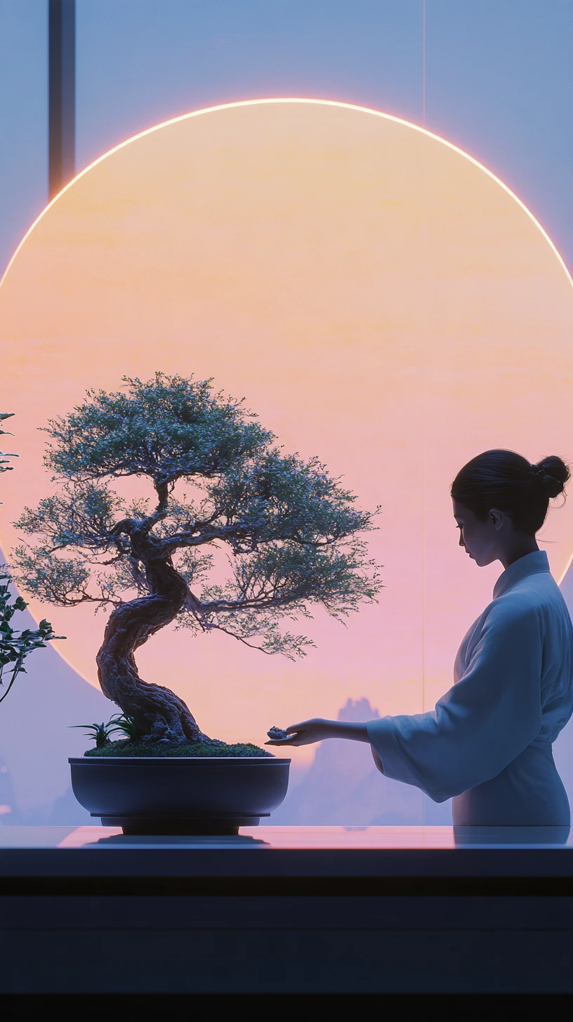 A woman tends a glowing bonsai in a futuristic garden