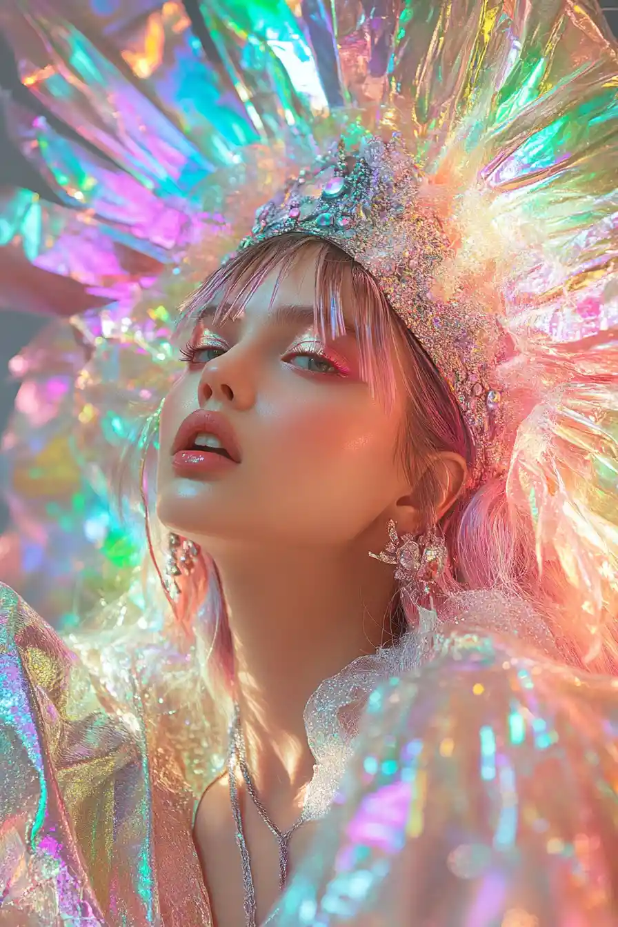 Fashion Model Portrait In Saturated Pastel Metallic Tones