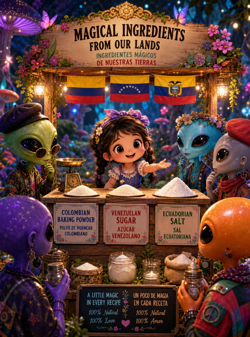 Una chica chibi vende ingredientes de repostería en su puesto del País de las Maravillas encantado