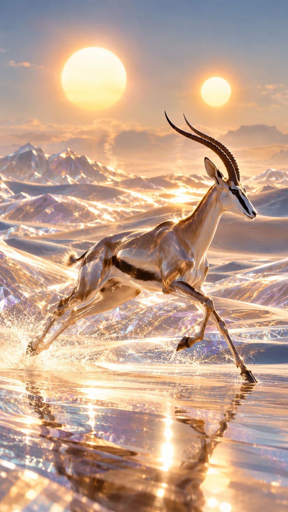 Un'antilope sfreccia tra dune di cristallo sotto due soli del deserto