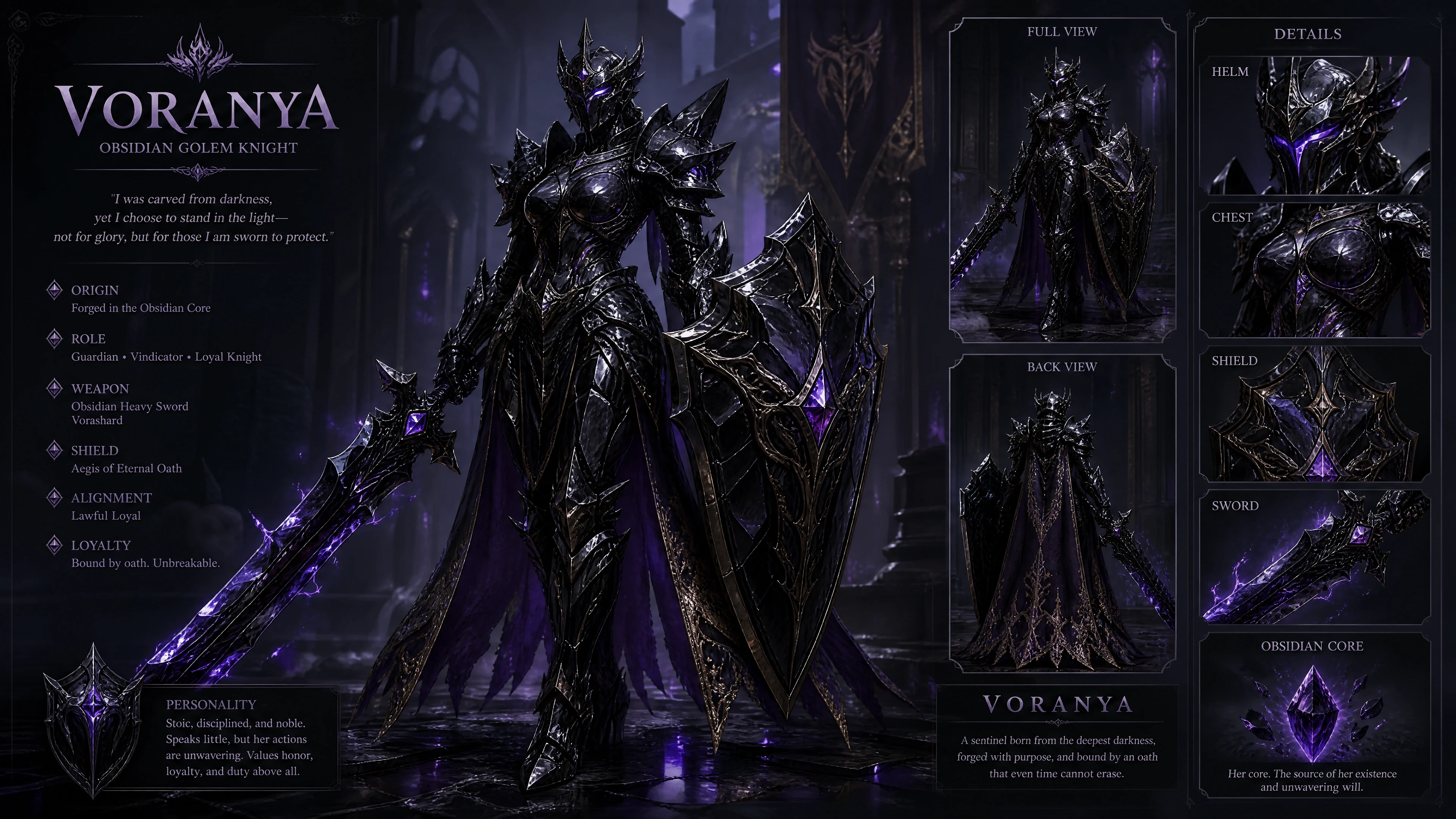 Obsidian golem knight with a heavy sword and shield