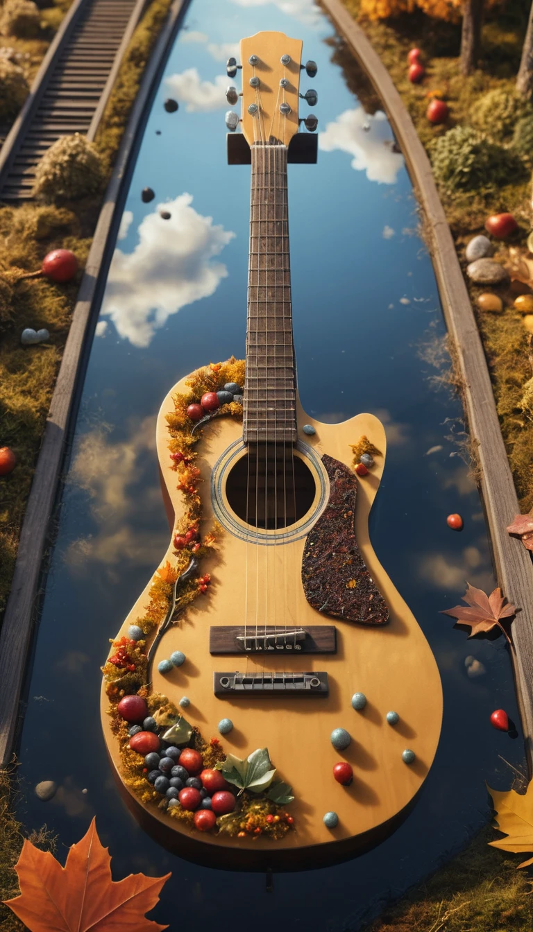 Una guitarra gigante acoge un pequeño pueblo otoñal, con estanque y árboles