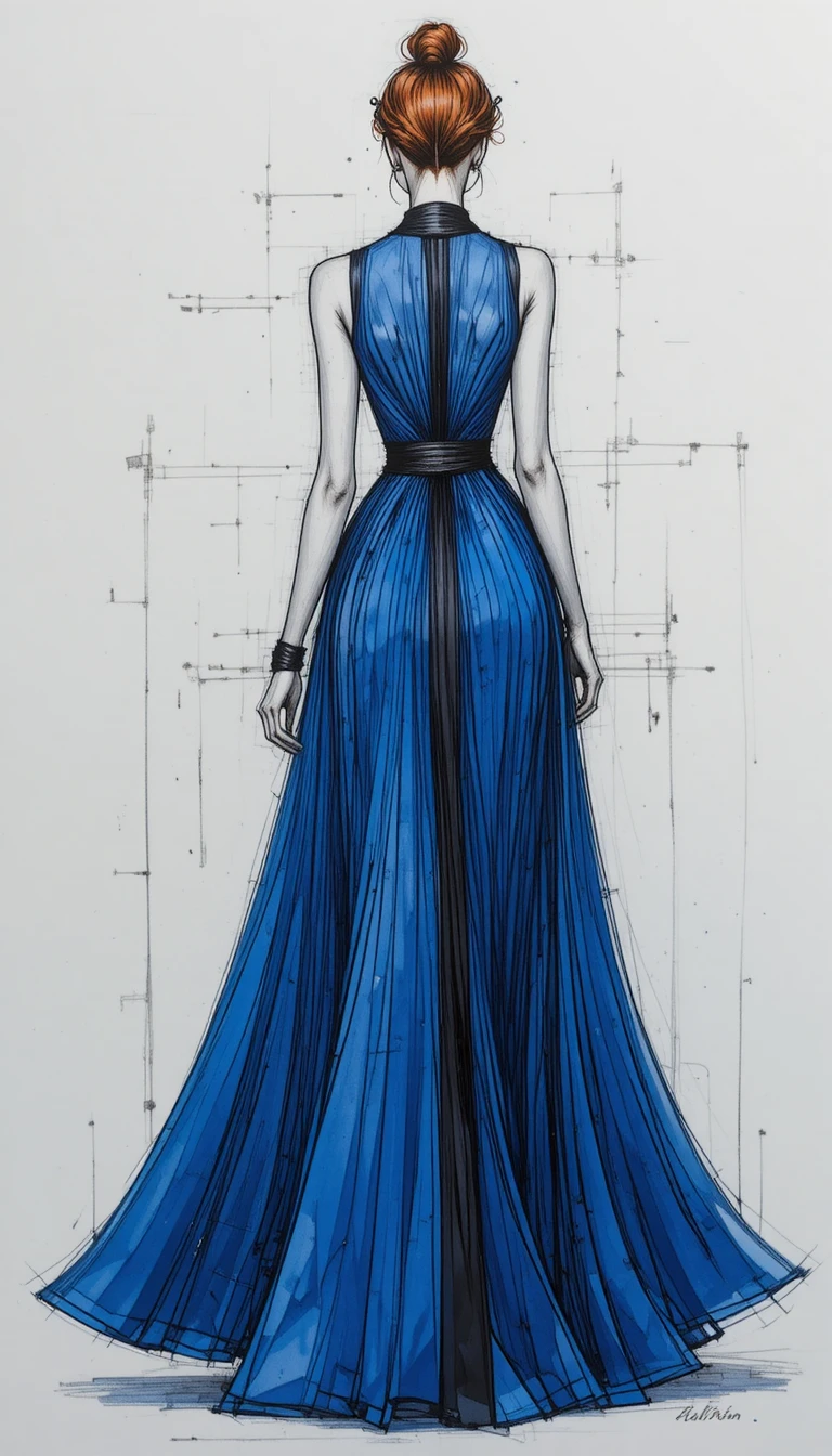 Figura de moda con vestido azul y una llamativa franja negra