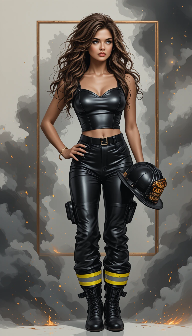 A glamorous firefighter stands confidently amid smoke and glowing embers