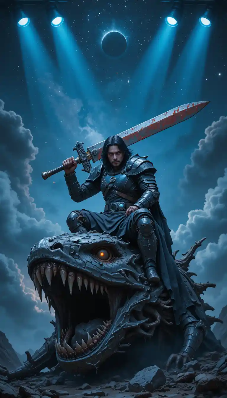 A battle-scarred warrior sits atop a fallen demon beast