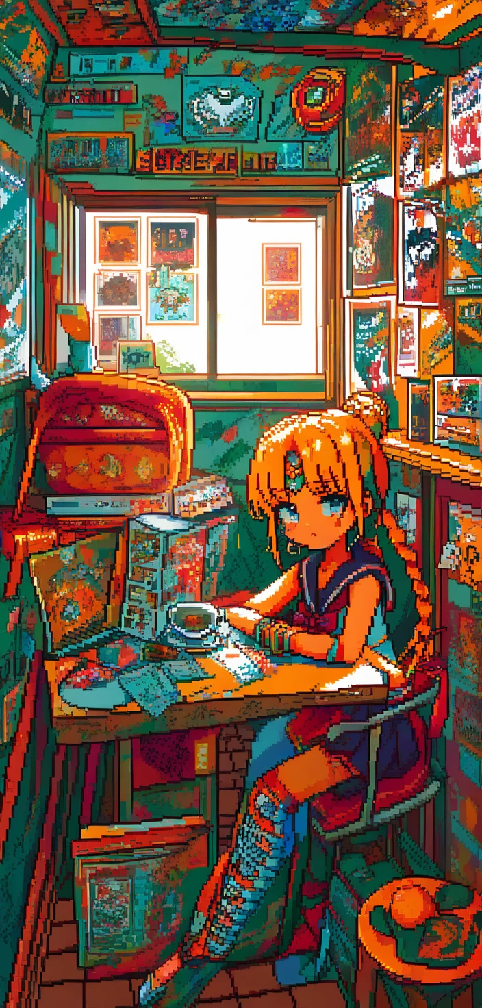 カフェの中で文字入りポスターの隣に座るピクセルアートのアニメ風少女