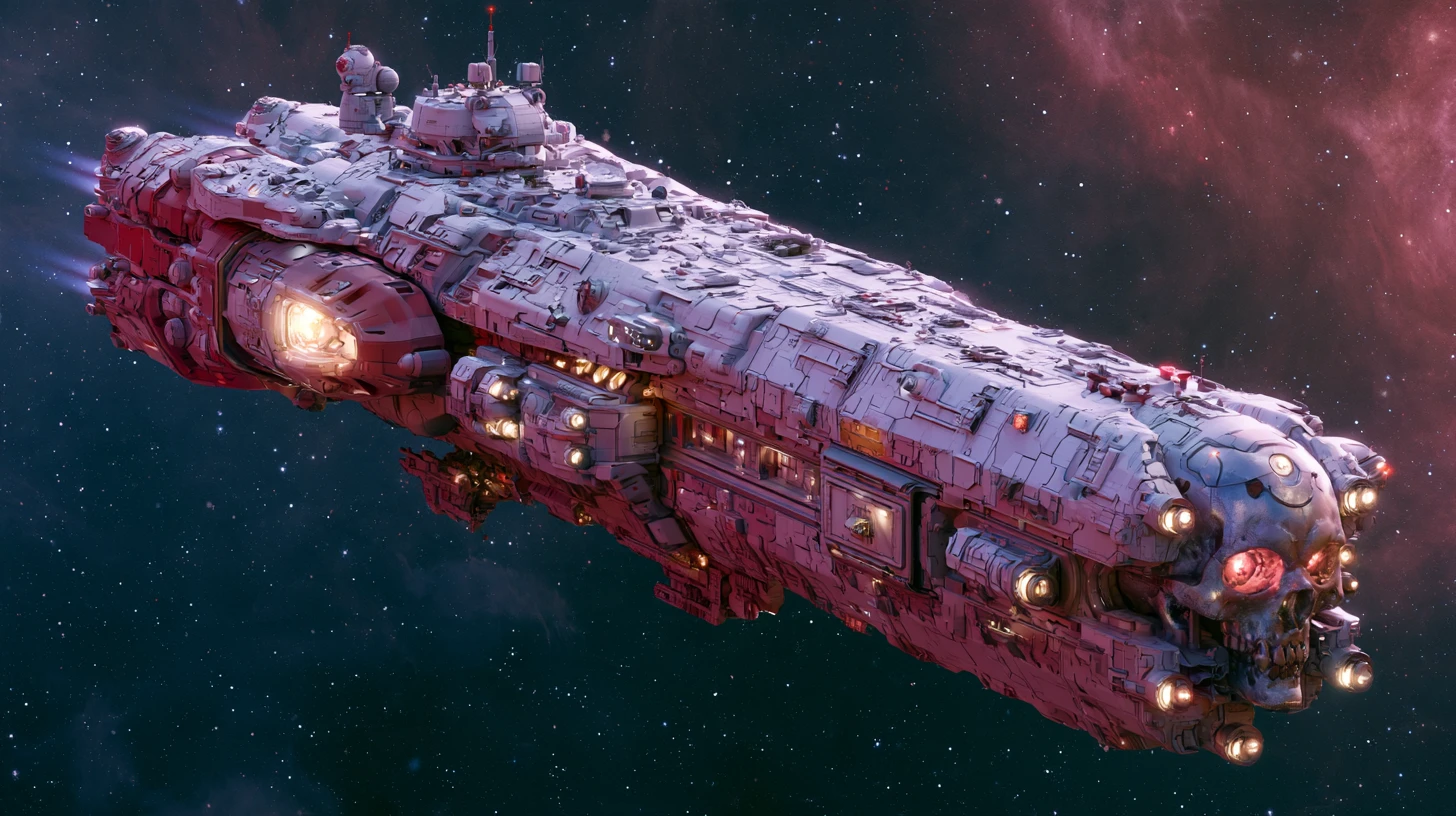 A Galactic Battle Cruiser With a Metallic Skull Cruises Through Space