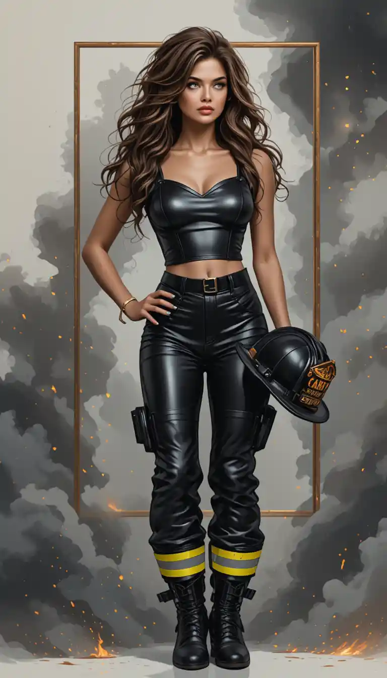 A glamorous firefighter stands confidently amid smoke and glowing embers