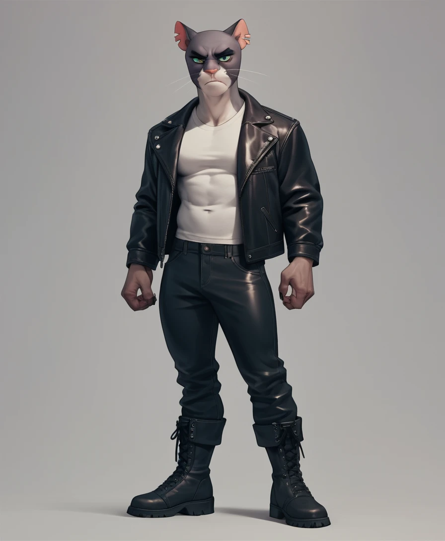 Un matón musculoso sonríe con desdén con chaqueta de cuero y puños americanos de metal