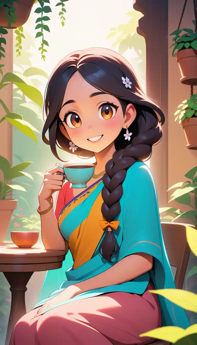 A Telugu Woman Enjoys Coffee on a Plant-Filled Balcony