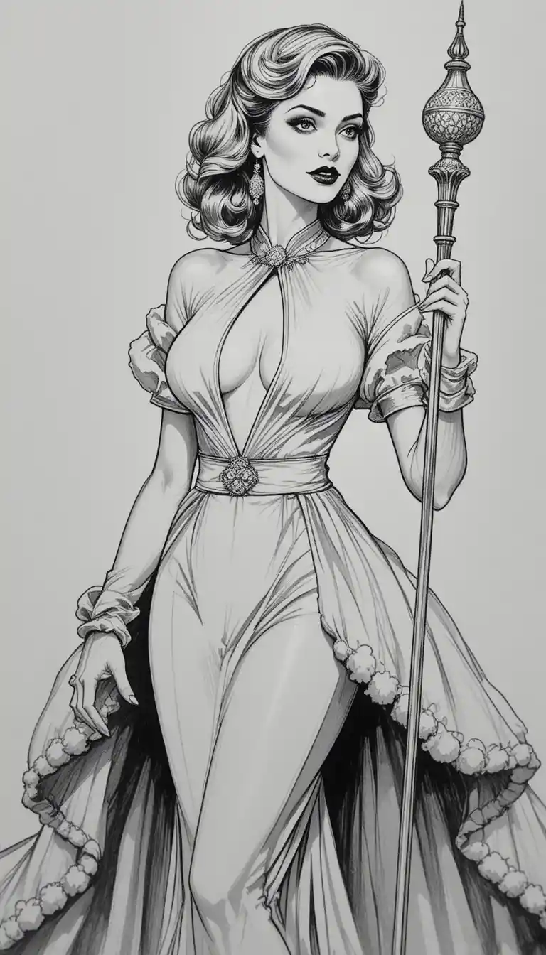 A glamorous woman in a fitted mermaid gown holds a slender scepter