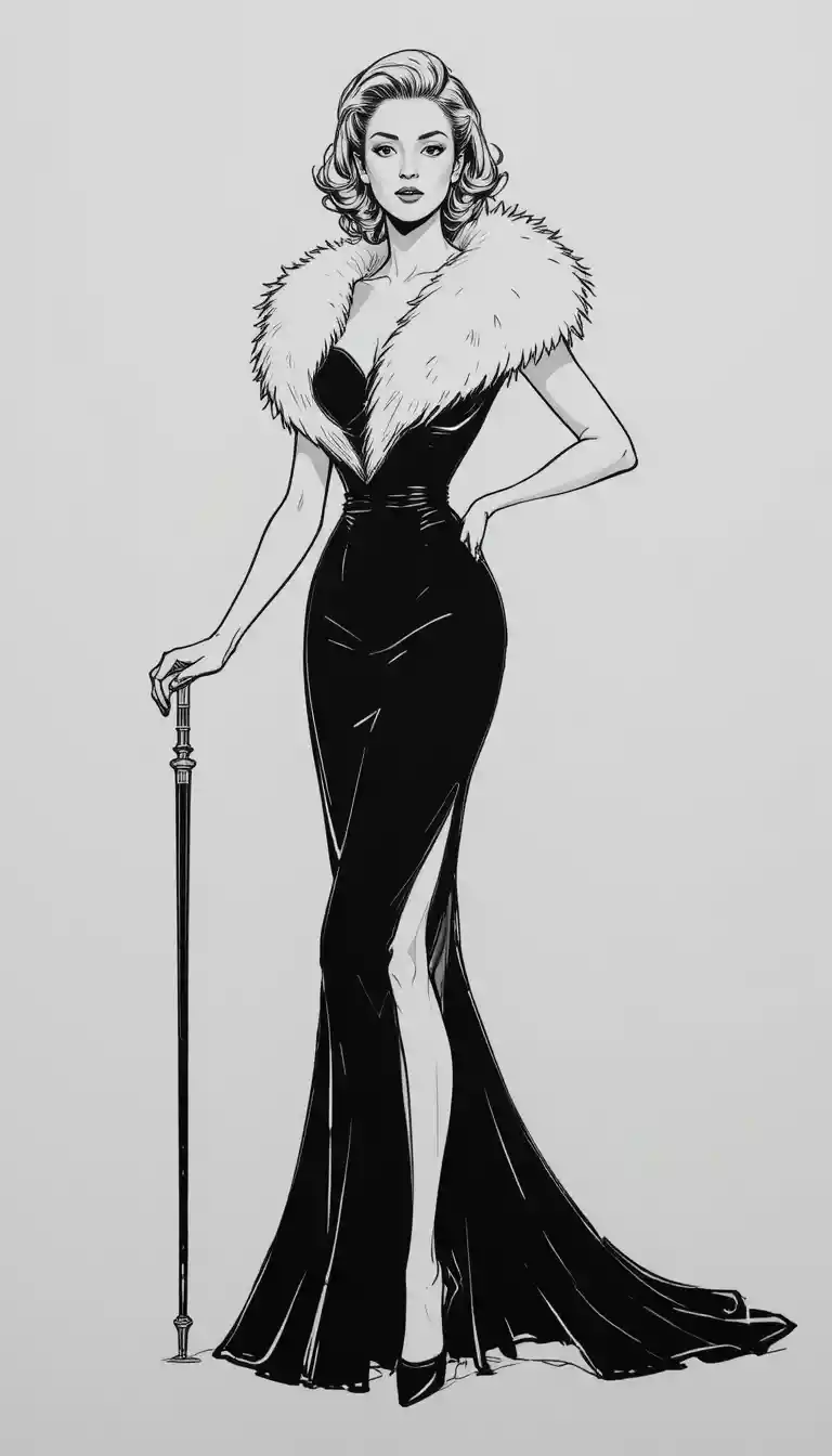 A glamorous woman poses with a cane in a fur-trimmed gown