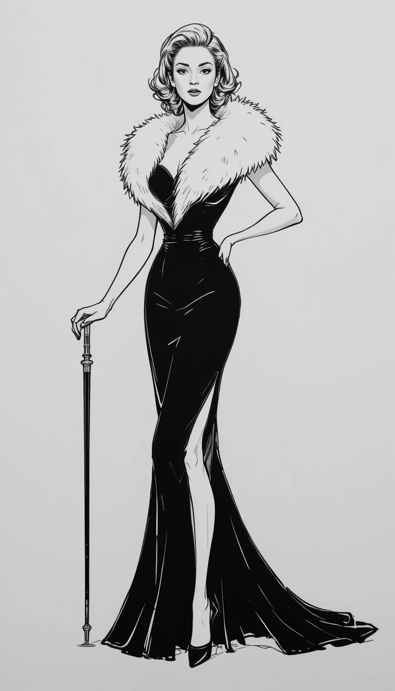 Una mujer glamurosa posa con un bastón y un vestido con ribete de piel