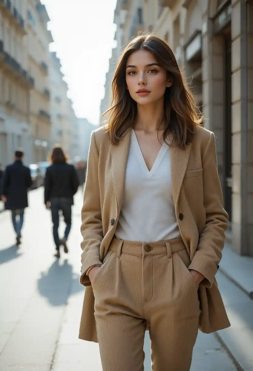 Una mujer elegante con pantalones de pana en una calle europea