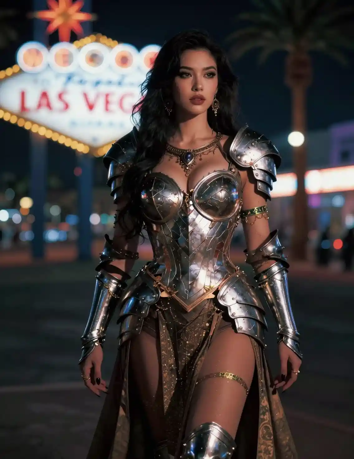 An Armored Queen Stands on a Las Vegas Street Beneath Neon Lights