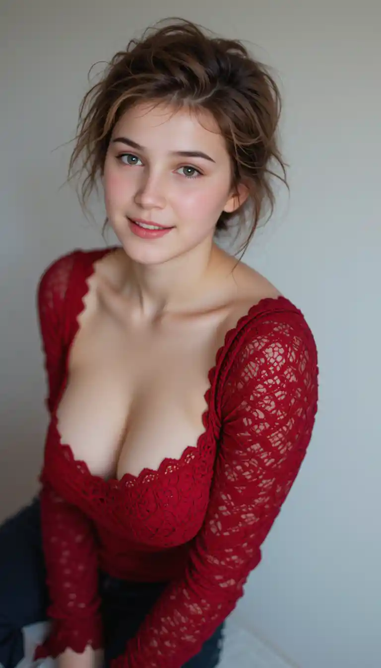 A young woman in a red lace top against a white background