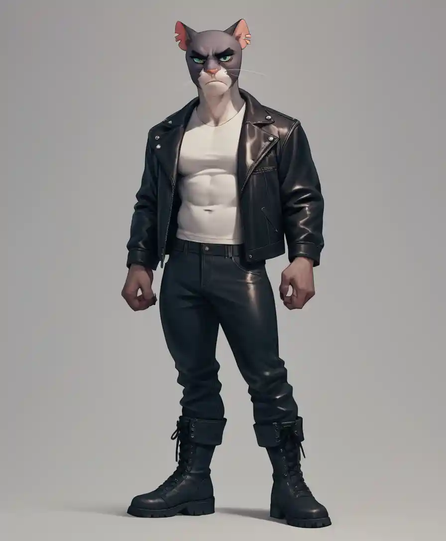 A Muscular Thug Sneers in a Leather Jacket with Metal Knuckle Dusters