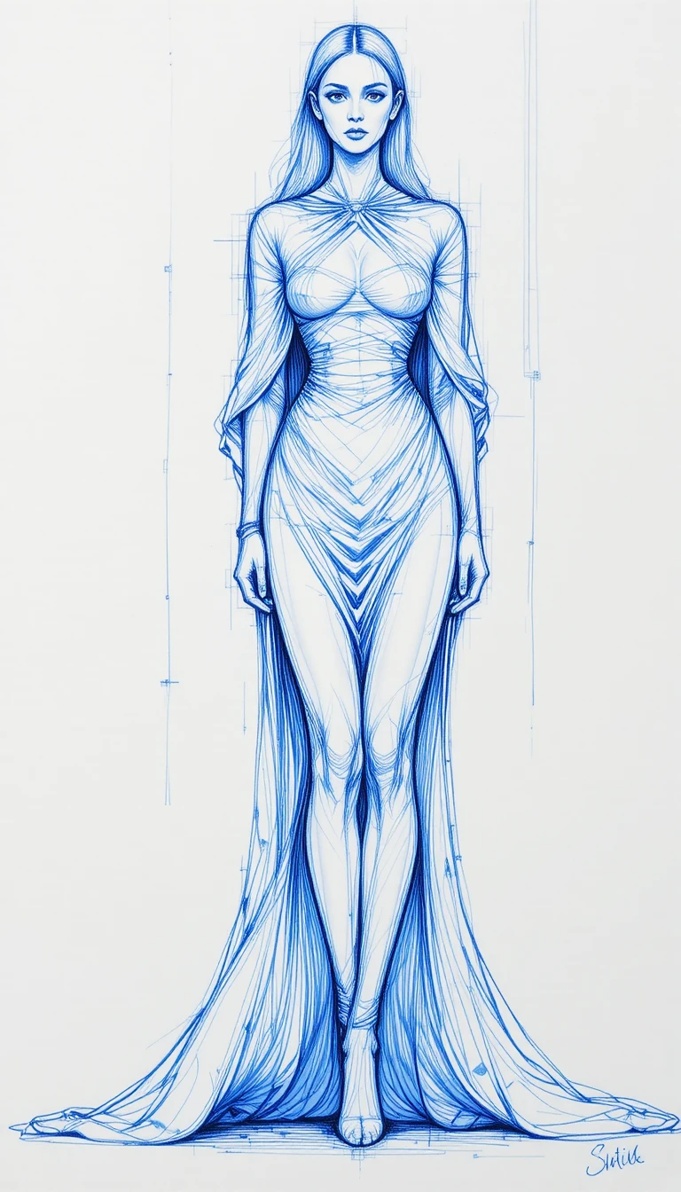 Boceto de moda de cuerpo entero de una mujer con una capa dramática