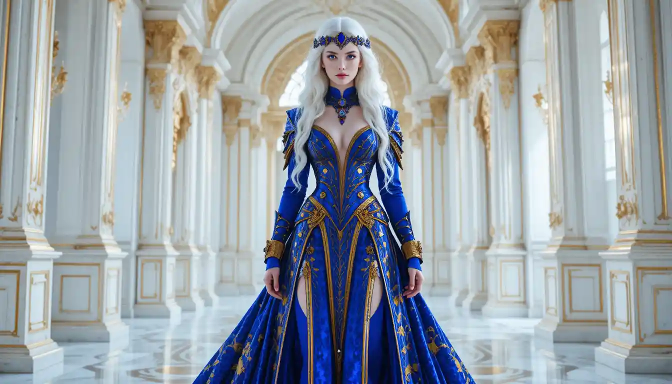 A sapphire-eyed goddess stands in a white and gold palace