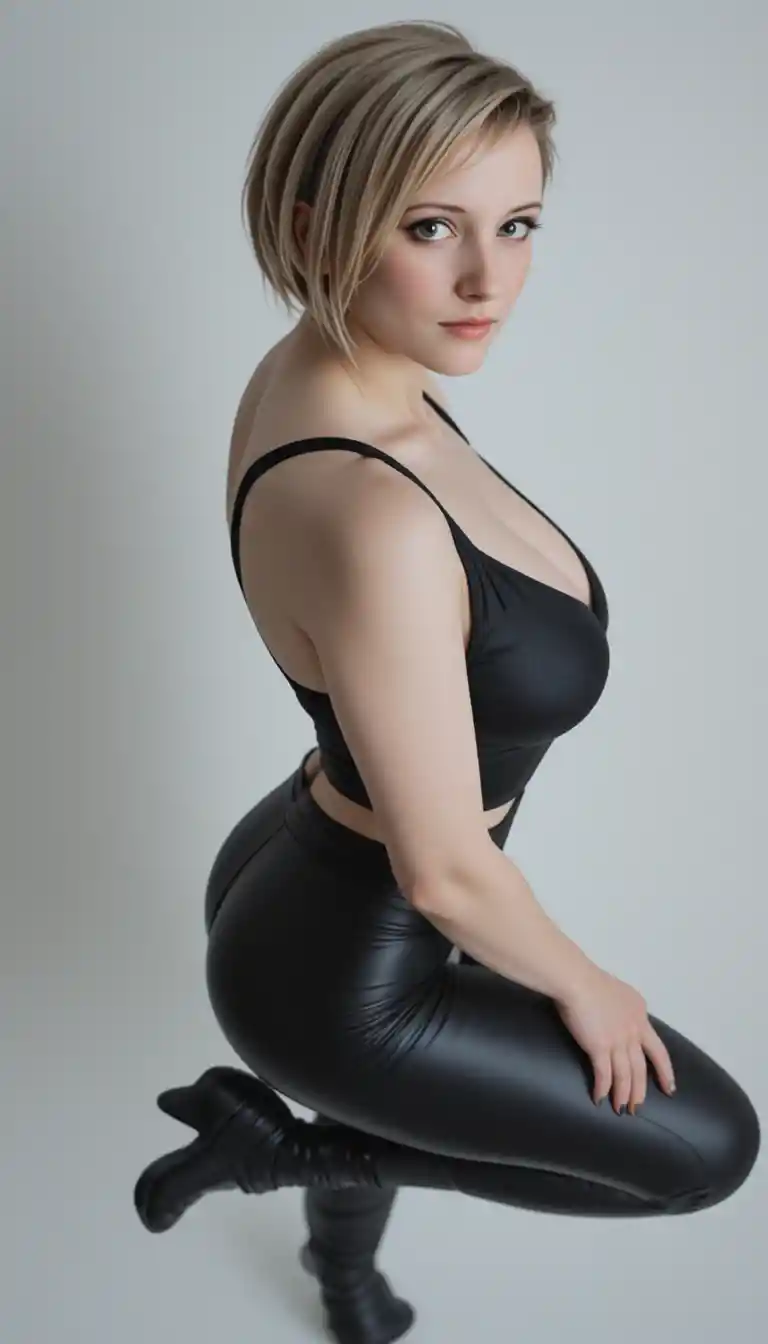 A photorealistic young woman with braided blonde hair, glasses, and a black outfit