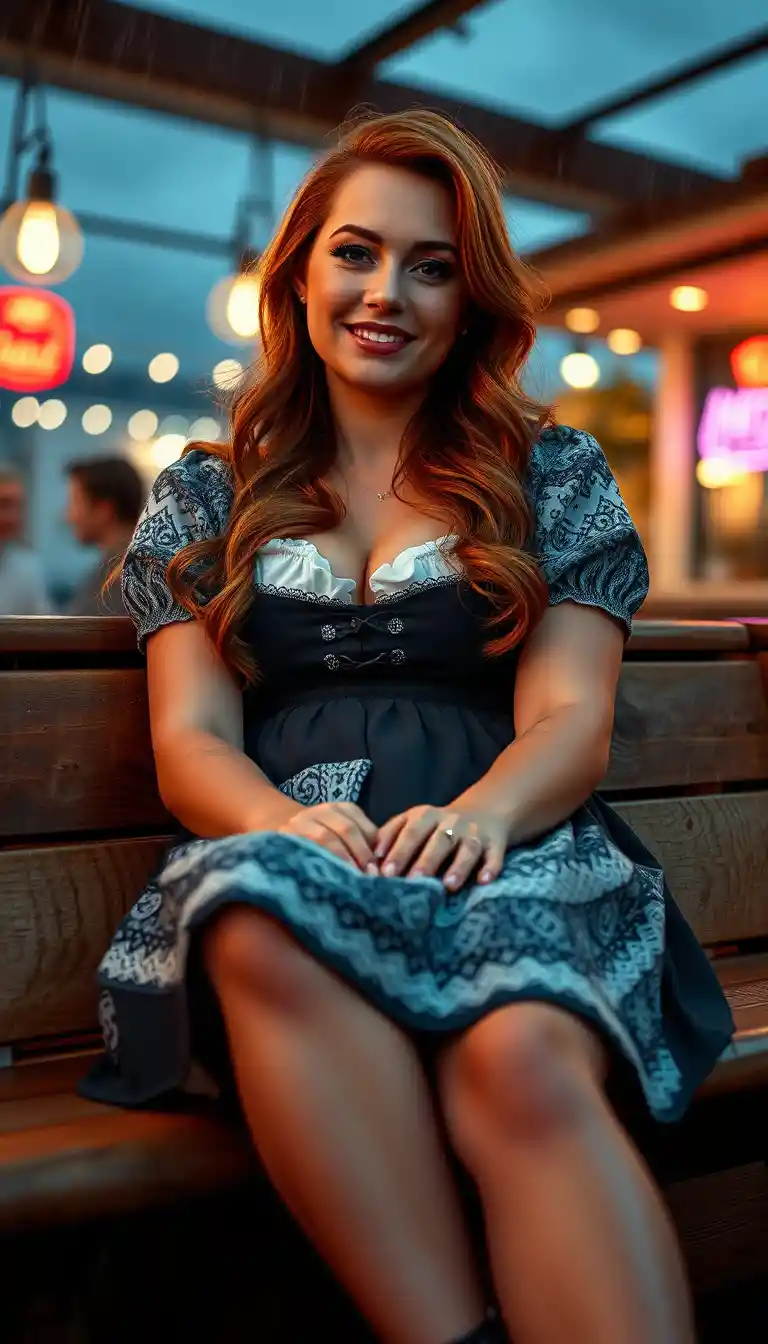 A flirtatious woman reclines in a dirndl on a stormy day