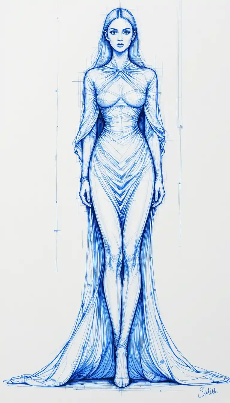 A full length fashion sketch of a woman in a dramatic cape