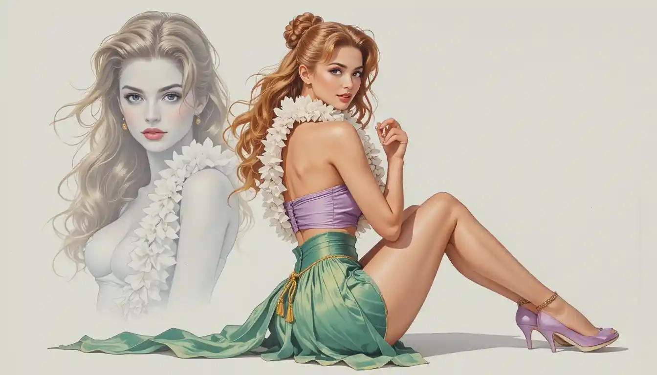 Une pin-up espiègle assise, vêtue d'une jupe d'herbe émeraude fluide