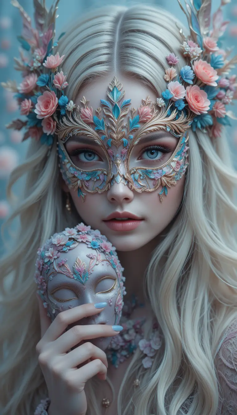 A masked figure with flowing hair and an ornate floral mask